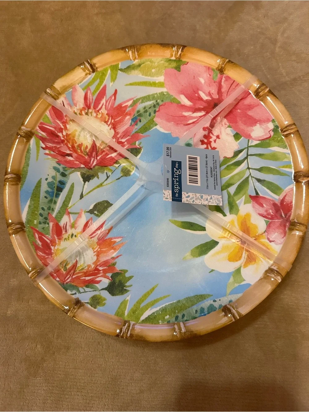 Tropical Floral Bamboo-Edge Large Dinner Plates Set of 4
